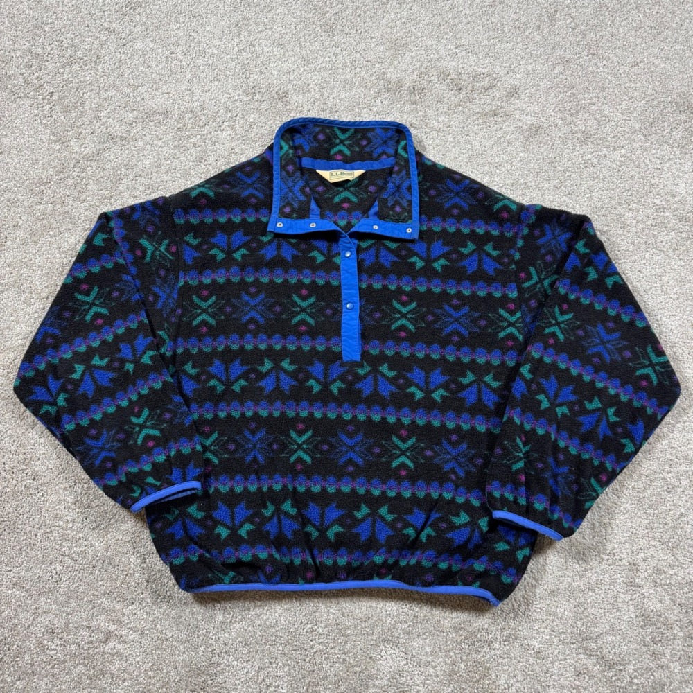 Vintage LL Bean Aztec Fleece Pullover Snap Neck Geometric Blue Purple Black L
